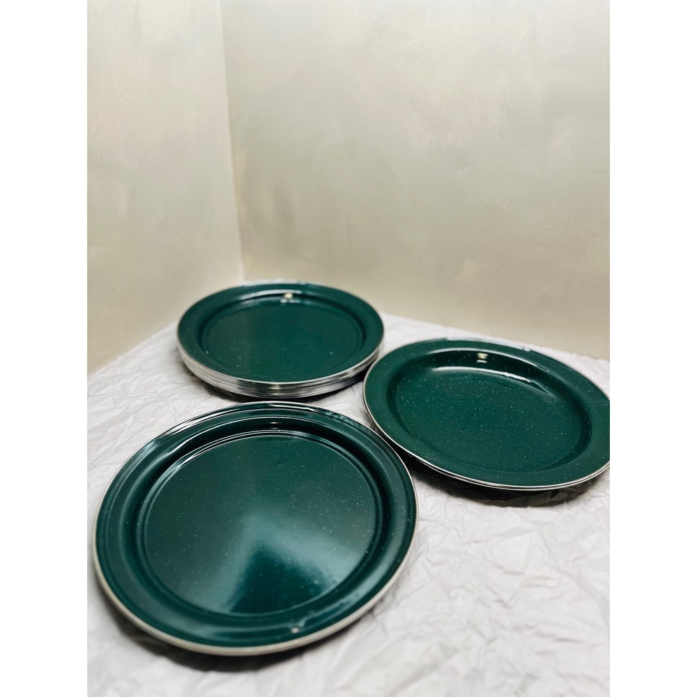 Vintage Forest Green Speckled Enamelware Dinner Plate Set/10 Stainless Steel Rim